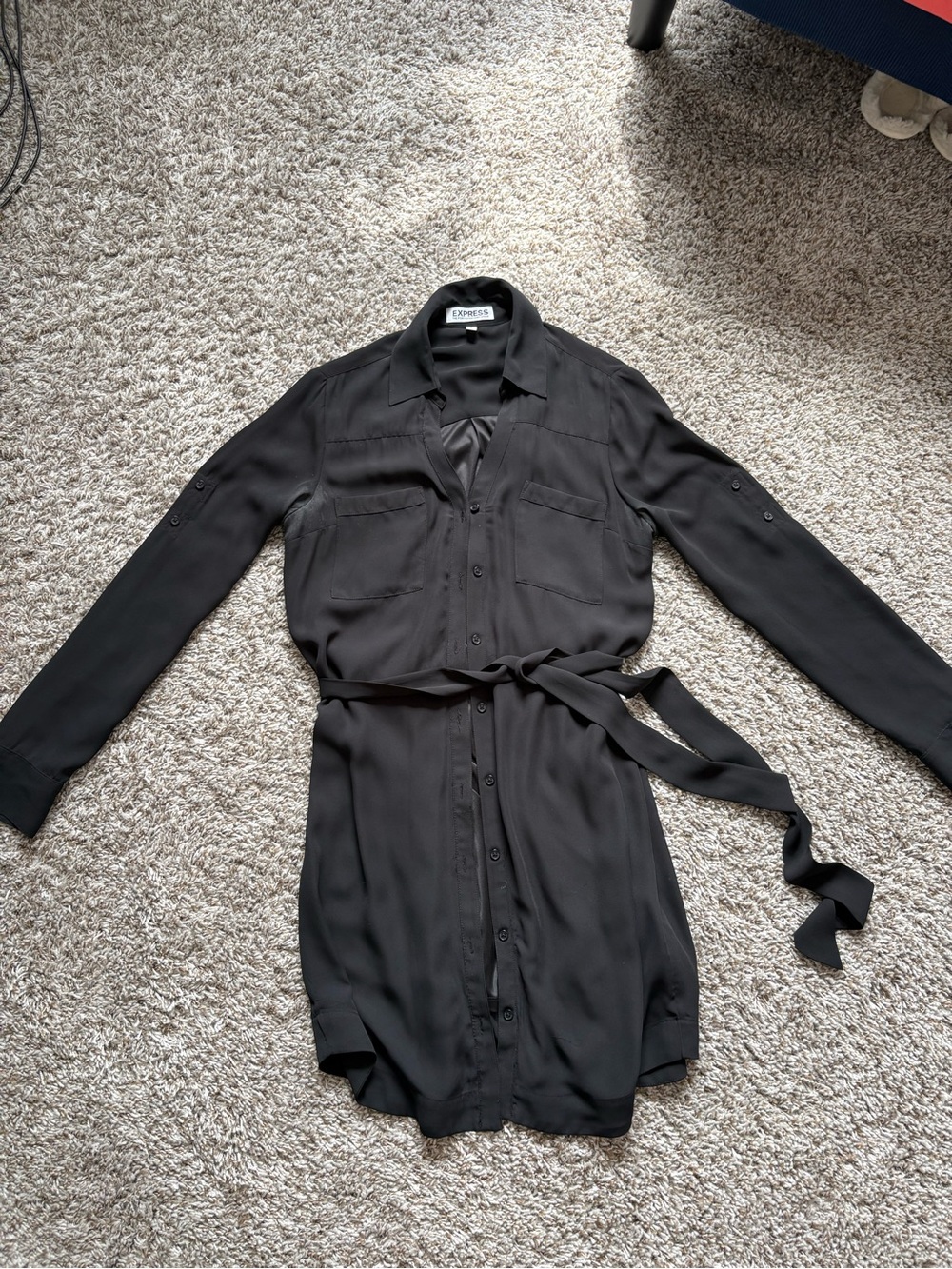 Express Black Long Sleeve Button-Front Shirt Dress with Belt